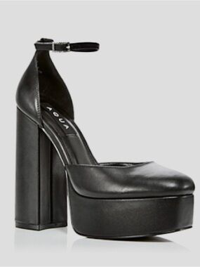 Aqua Black Leather Platform Block Heel with Ankle Strap